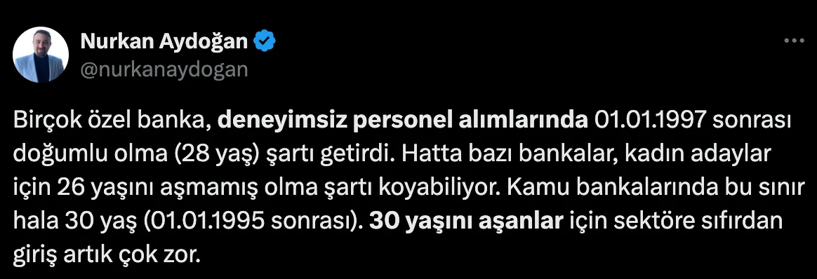 Bankacılık uzmanı Nurkan Aydoğan, sosyal medya platformu X’te yaptığı paylaşım