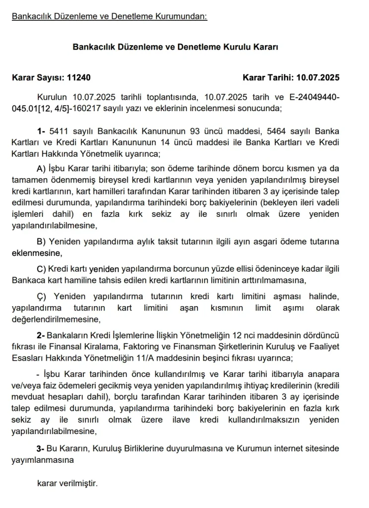 BDDK Kredi ve Kredi Kartı Yapılandırma Kararı