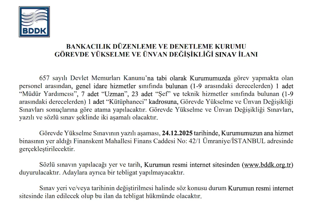 BDDK 2025 Görevde Yükselme